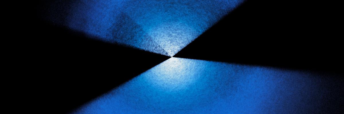 Two fans of blue and white dots extending up and down from center on a black background.